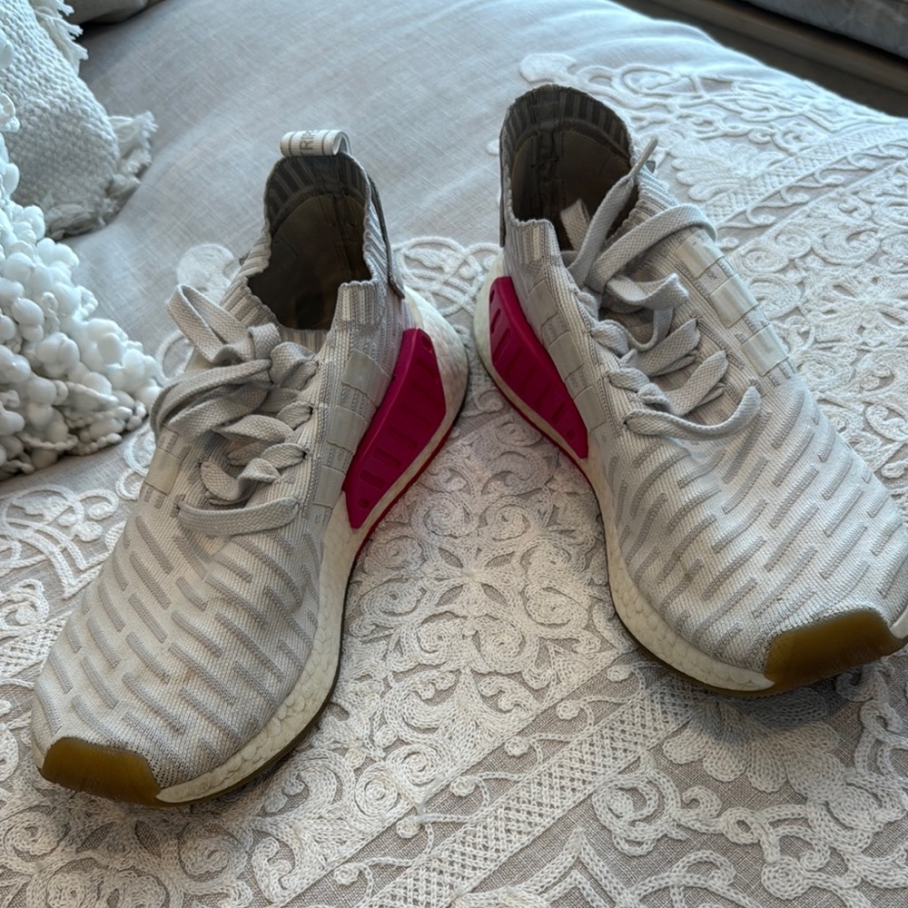 Adidas White and Pink Sneakers with Knit Texture